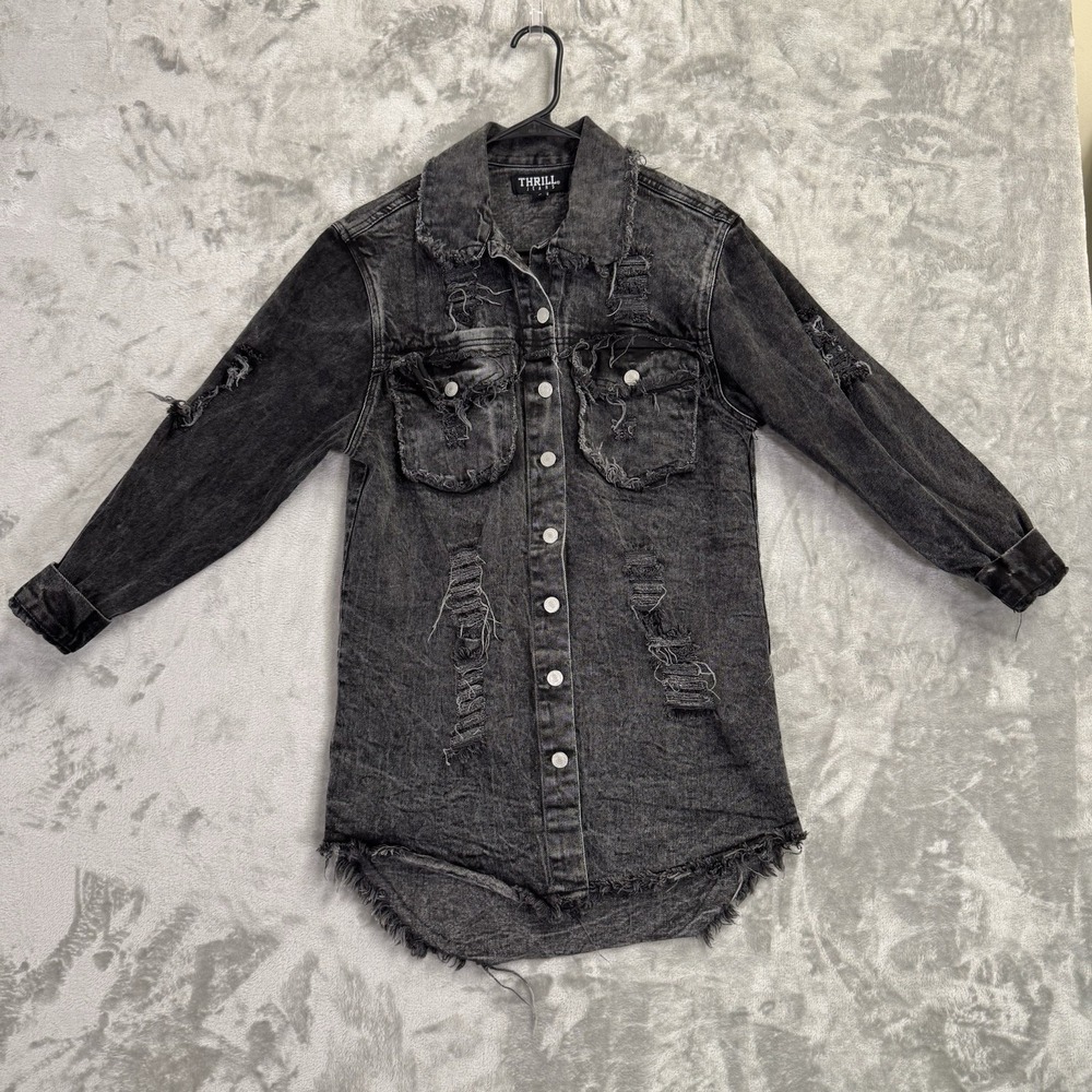 Thrill Jeans Distressed Button Up Shirt Acid Wash Plus Size S Grunge Punk Indie